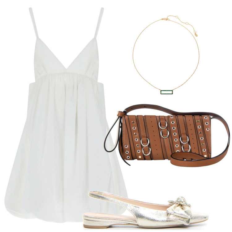 Outfit donna - Festa in barca. Stile Casual per Mare. Abbinamento con borse a spalla, vestiti corti, collane, sandali in pelle.