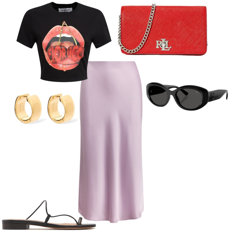 Outfit donna - Giovanile. Stile Trendy per Tutti i giorni. Abbinamento con occhiali da sole, borse a tracolla, gonne, orecchini, sandali in pelle, t-shirt.