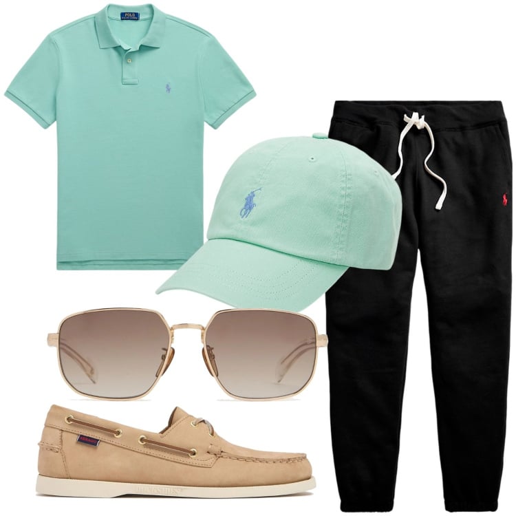 Outfit uomo - Polo in maglia leggera. Stile Trendy per Serata speciale. Abbinamento con cappelli, pantaloni, polo, scarpe stringate, occhiali da sole.