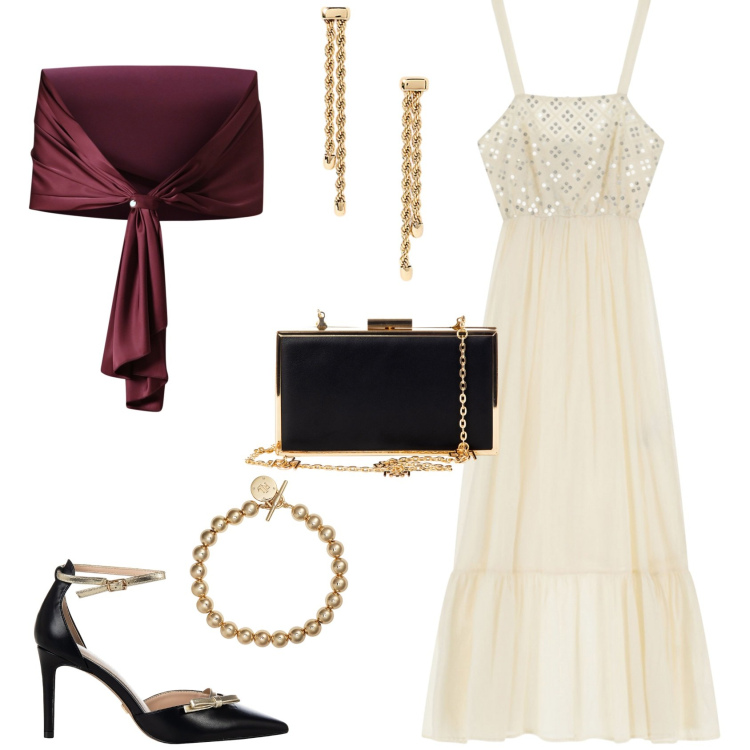 Outfit donna - Total look #2213929. Stile Bon Ton per Serata fuori. Abbinamento con scialli, décolleté, pochette, vestiti lunghi, braccialetti, orecchini.
