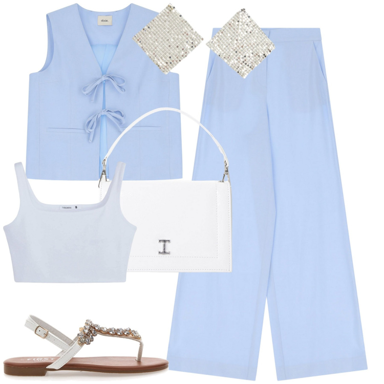 Outfit donna - Azzurro. Stile Urban per Tutti i giorni. Abbinamento con orecchini, reggiseni, borse a tracolla, gilet, pantaloni, sandali.