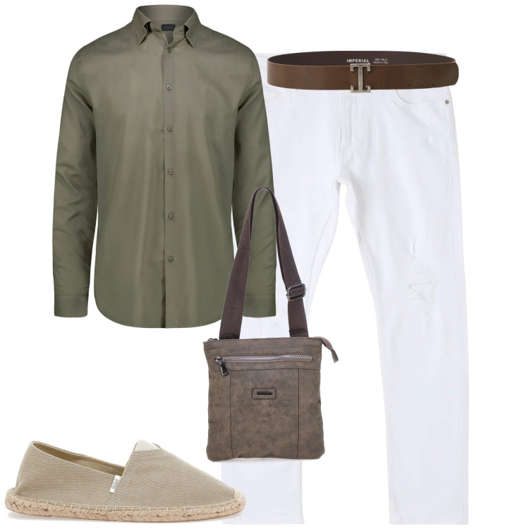 Outfit uomo - Sabbia e bianco. Stile Trendy per Tutti i giorni. Abbinamento con jeans strappati, cinture, portafogli, espadrillas, camicie.