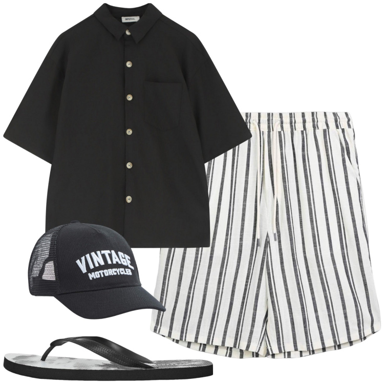 Outfit uomo - Al mare. Stile Casual per Mare. Abbinamento con pantaloni corti, sandali, cappelli, camicie a manica corta.