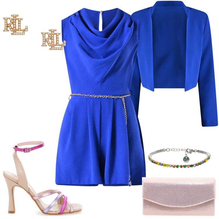 Outfit donna - Serata ferragosto all\'aperto. Stile Chic per Serata fuori. Abbinamento con tuta corta, bolero, braccialetti, orecchini, sandali col tacco, borse a tracolla.