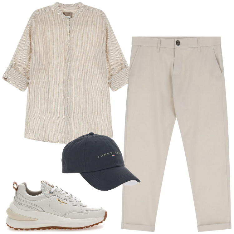 Outfit uomo - La camicia a righine. Stile Trendy per Tutti i giorni. Abbinamento con pantaloni chino, camicie, cappelli, sneakers.