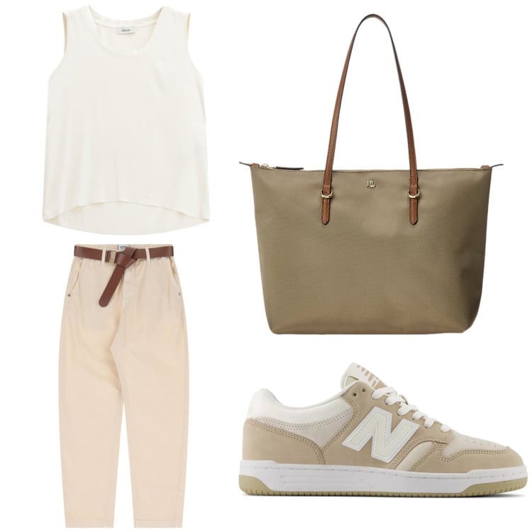 Outfit donna - Aperitivo. Stile Trendy per Tutti i giorni. Abbinamento con sneakers, pantaloni chino, top, borse tote.