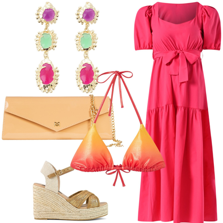 Outfit donna - Terrazza sul mare. Stile Bon Ton per Mare. Abbinamento con bikini, vestiti lunghi, pochette, orecchini, zeppe.
