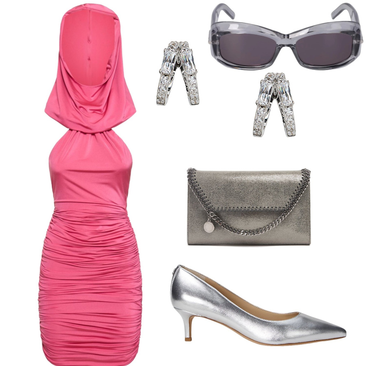 Outfit donna - Abito originale accessori bonton. Stile Glamour per Serata fuori. Abbinamento con orecchini, décolleté, vestiti, occhiali da sole, pochette.