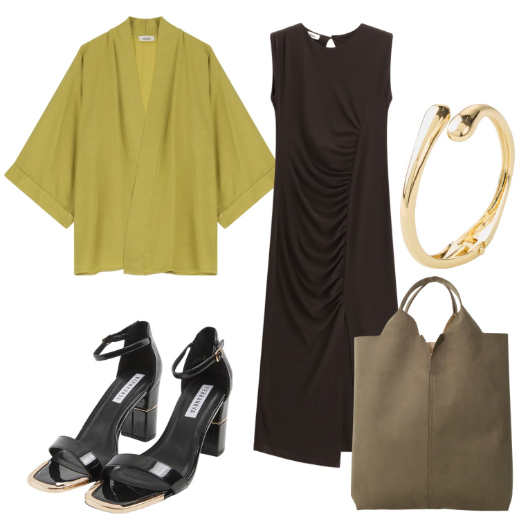 Outfit donna - Tutto agosto al lavoro. Stile Urban per Ufficio. Abbinamento con braccialetti, sabot, blazer, vestiti midi/longuette, shopping bag.
