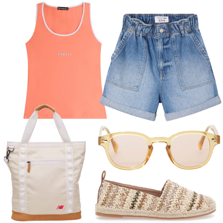 Outfit donna - Benvenuto agosto. Stile Basic per Tutti i giorni. Abbinamento con shorts, shopping bag, occhiali da sole, canottiere, espadrillas.