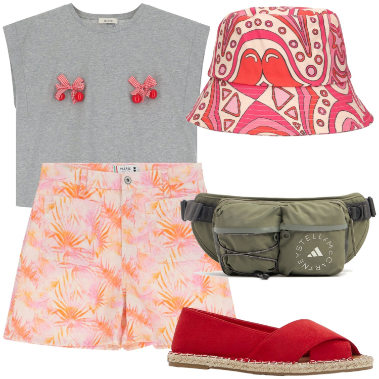 Outfit donna - Agosto in campagna. Stile Basic per Tutti i giorni. Abbinamento con espadrillas, shorts, t-shirt, cappelli, marsupi.