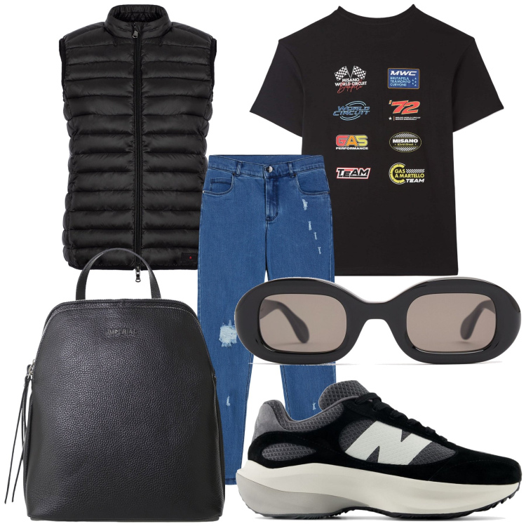 Outfit donna - In campeggio. Stile Casual chic per Tutti i giorni. Abbinamento con t-shirt, sneakers, zaini, jeans skinny, piumini, occhiali da sole.