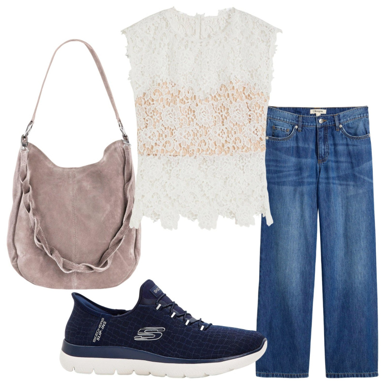 Outfit donna - Denim Vintage. Stile Trendy per Tutti i giorni. Abbinamento con top, jeans, borse a mano, sneakers.