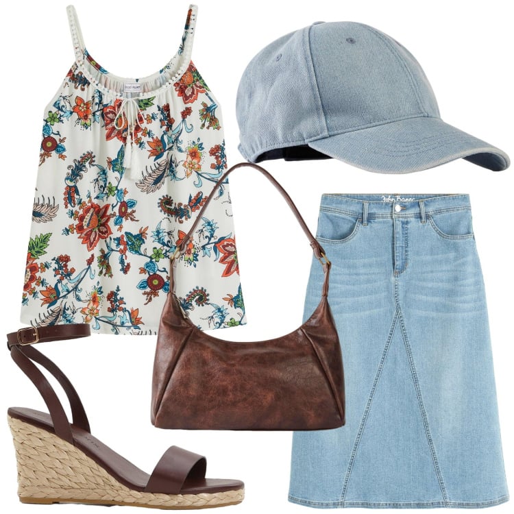 Outfit donna - Denim Vintage. Stile Casual per Tutti i giorni. Abbinamento con gonne, top, sandali, cappelli con visiera, borse a mano.