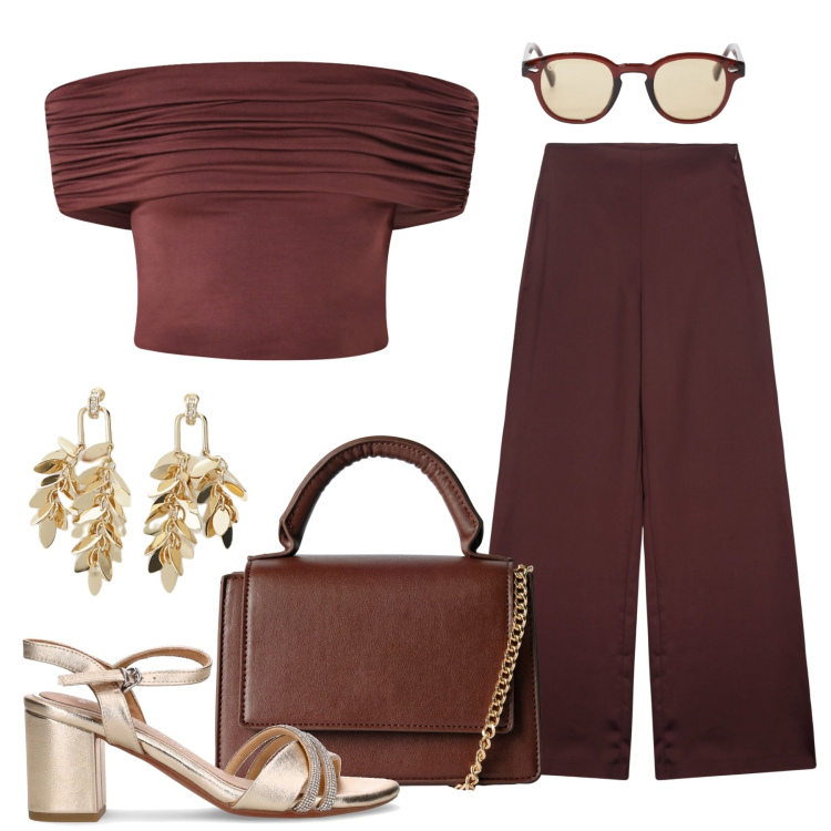 Outfit donna - Chic in marrone. Stile Chic per Tutti i giorni. Abbinamento con borse a tracolla, top, occhiali da sole, orecchini, sandali in pelle, pantaloni a palazzo.