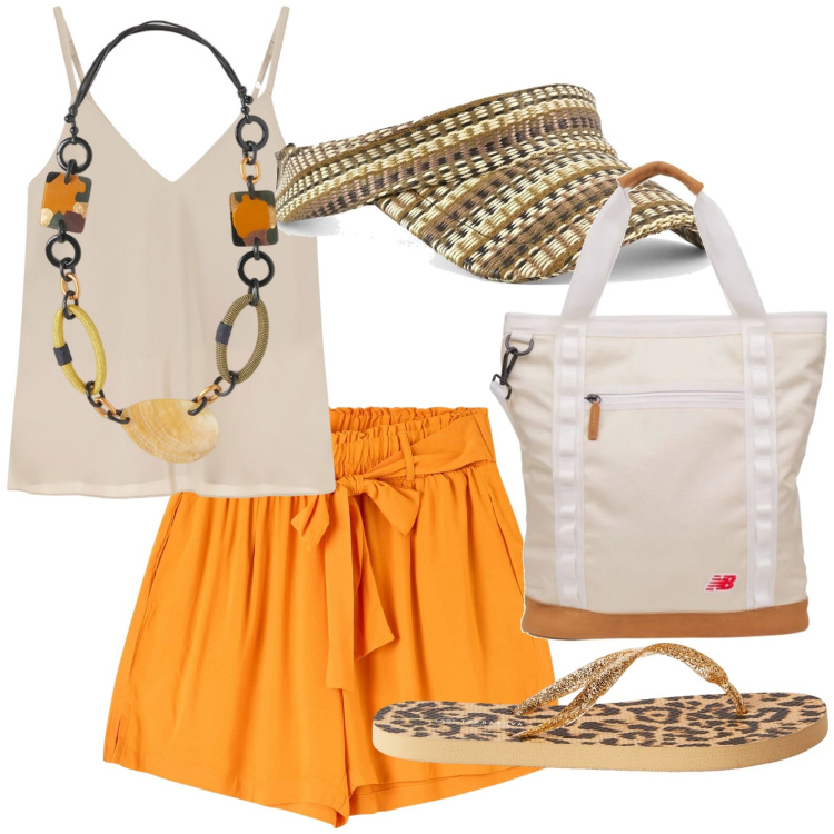 Outfit donna - Arancione Caldo. Stile Minimal per Tutti i giorni. Abbinamento con shorts, infradito, shopping bag, top, cappelli con visiera, collane.