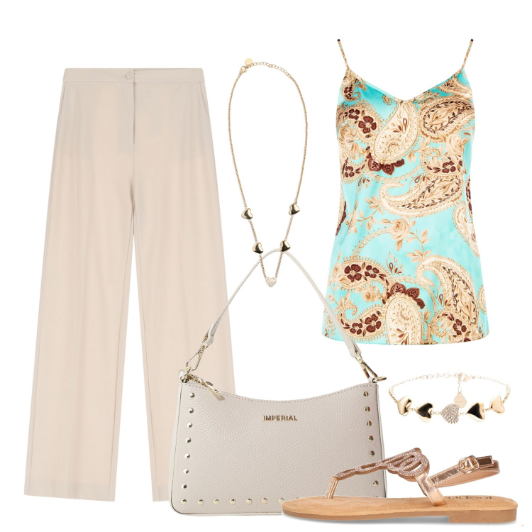 Outfit donna - Dettagli gold. Stile Chic per Tutti i giorni. Abbinamento con top, pantaloni, borse a spalla, braccialetti, collane, sandali in pelle.