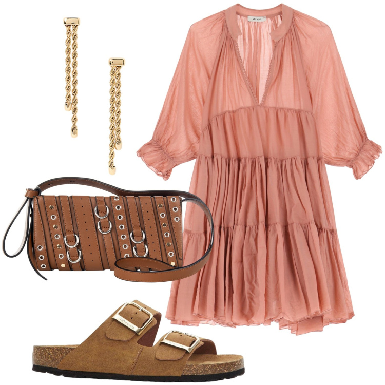 Outfit donna - Arancione Caldo. Stile Etnico per Tutti i giorni. Abbinamento con ciabatte, vestiti corti, borse a spalla, orecchini.