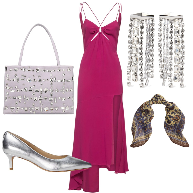 Outfit donna - Abito cut out elegante. Stile Glamour per Cerimonia. Abbinamento con décolleté, foulard, vestiti midi/longuette, borse a spalla, orecchini.