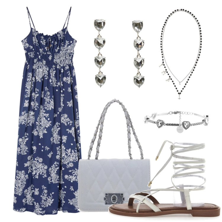 Outfit donna - L\' abito a fiori. Stile Basic per Tutti i giorni. Abbinamento con vestiti lunghi, orecchini, collane, braccialetti, sandali alla schiava, borse a tracolla.
