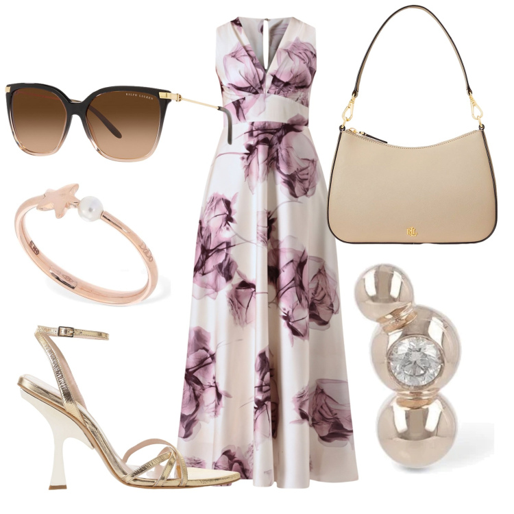 Outfit donna - Eleganza rilassata. Stile Boho per Serata fuori. Abbinamento con vestiti lunghi, sandali col tacco, occhiali da sole, borse a spalla, orecchini, anelli.