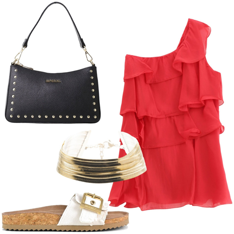 Outfit donna - Abito cut-out elegante. Stile Glamour per Tutti i giorni. Abbinamento con vestiti corti, borse a spalla, braccialetti, sandali.