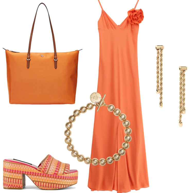 Outfit donna - Arancione. Stile Casual chic per Serata fuori. Abbinamento con vestiti lunghi, braccialetti, borse tote, orecchini, zeppe.