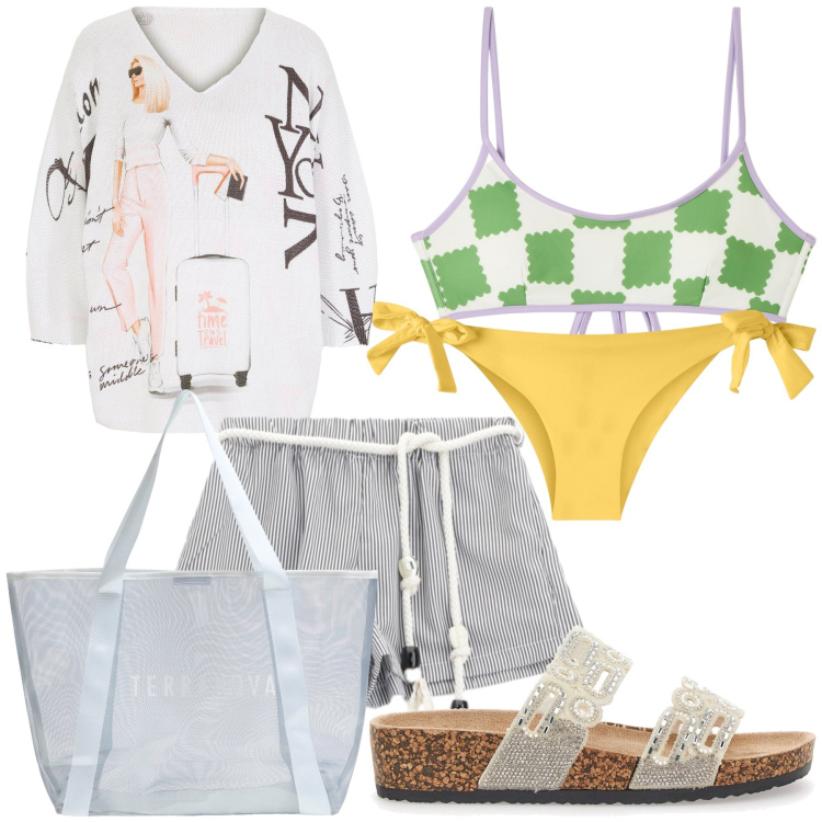 Outfit donna - Bikini mix. Stile Trendy per Mare. Abbinamento con maglieria, bikini, bikini, shopping bag, pantaloni corti, ciabatte.