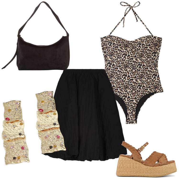 Outfit donna - L intero come top per pizzeria. Stile Trendy per Mare. Abbinamento con borse a mano, costumi interi, orecchini, zeppe, gonne longuette.