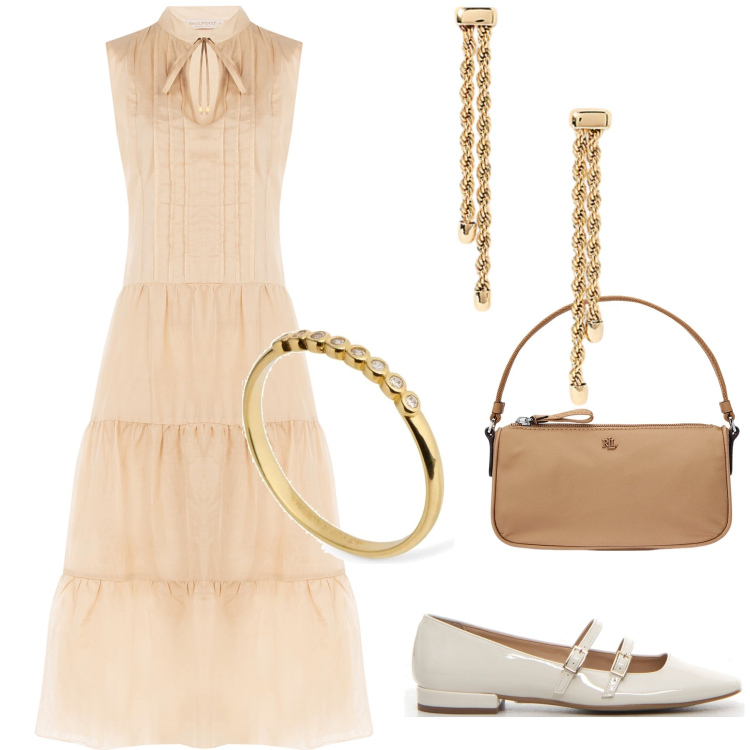 Outfit donna - Cerimonia mattutina. Stile Bon Ton per Cerimonia. Abbinamento con vestiti senza maniche, pochette, orecchini, décolleté, anelli.