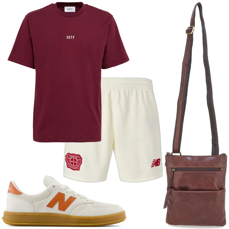 Outfit uomo - Sportivo in città. Stile Urban per Tutti i giorni. Abbinamento con sneakers, pantaloni corti, portafogli, t-shirt.