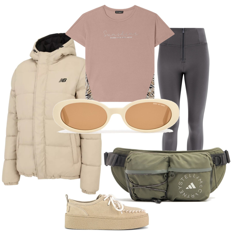 Outfit donna - Alta montagna. Stile Casual per Tutti i giorni. Abbinamento con piumini, t-shirt, pantaloni skinny, mocassini, marsupi, occhiali da sole.