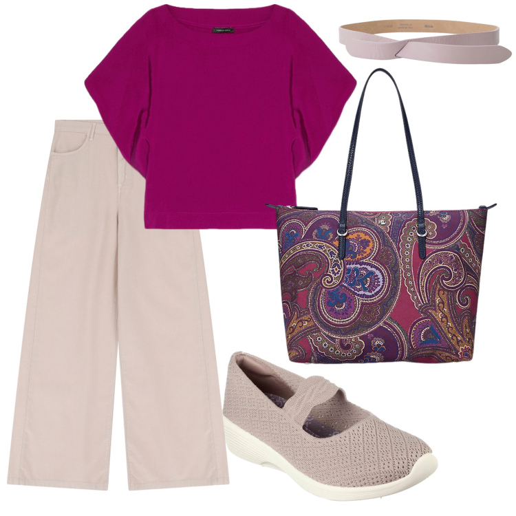 Outfit donna - Di giorno. Stile Casual per Tutti i giorni. Abbinamento con pantaloni, cinture, borse tote, bluse, ballerine.