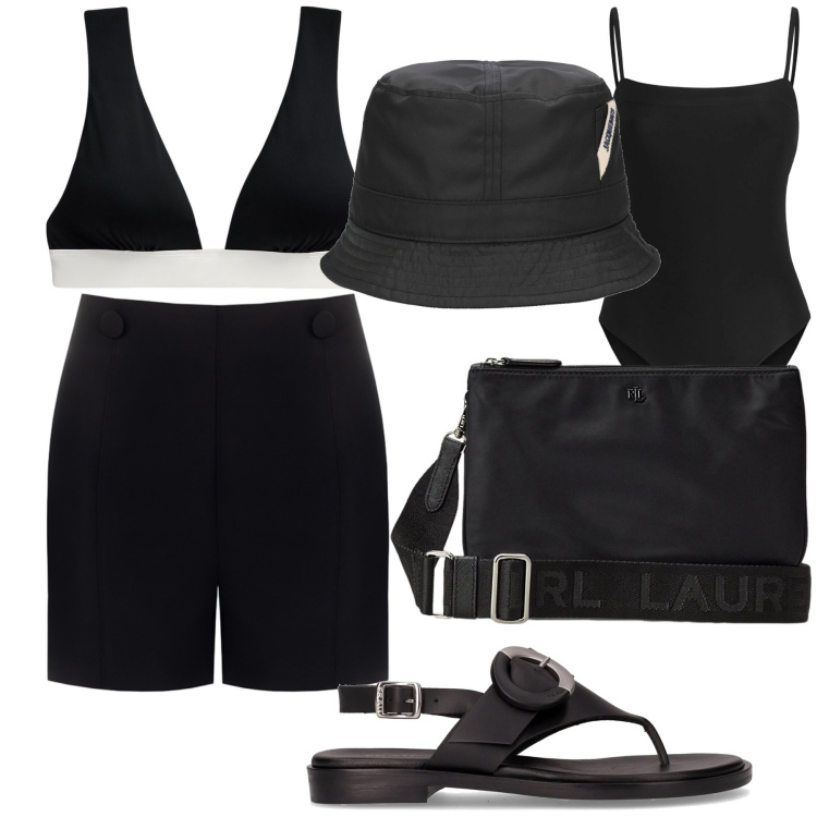 Outfit donna - Il cappello del pescatore. Stile Basic per Mare. Abbinamento con shorts, borse a tracolla, top, ciabatte, costumi interi, cappelli.