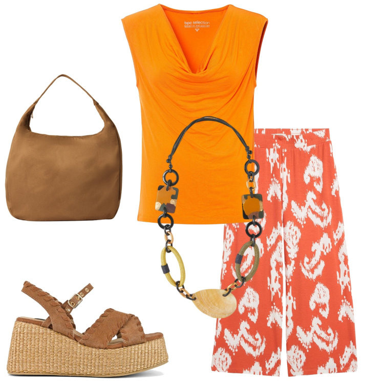 Outfit donna - Arancione. Stile Casual per Tutti i giorni. Abbinamento con top, pantaloni, borse a mano, zeppe, collane.
