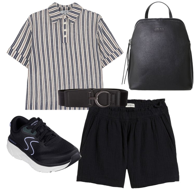 Outfit donna - In gita. Stile Sporty chic per Tutti i giorni. Abbinamento con cinture, shorts, t-shirt, zaini, sneakers.