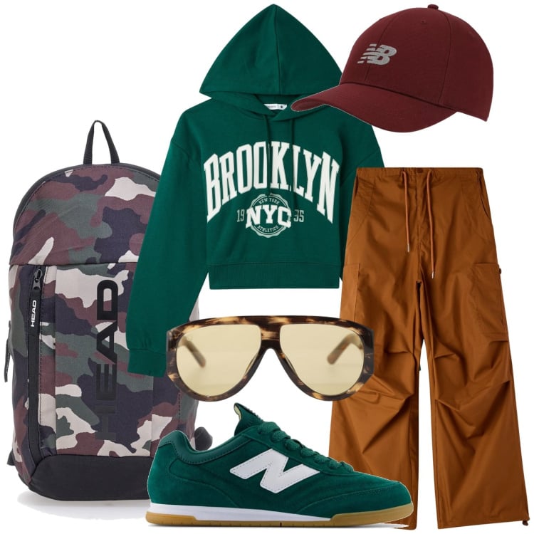 Outfit donna - In vacanza in montagna. Stile Glamour per Tutti i giorni. Abbinamento con pantaloni cargo, felpe con cappuccio, cappelli con visiera, sneakers, occhiali da sole, zaini.