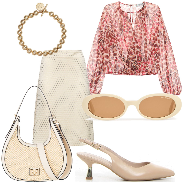 Outfit donna - Ufficio d agosto e oltre. Stile Chic per Ufficio. Abbinamento con borse a mano, bluse, braccialetti, gonne, décolleté, occhiali da sole.