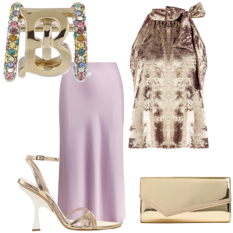 Outfit donna - Cerimonia raso e oro. Stile Chic per Cerimonia. Abbinamento con top, sandali col tacco, gonne, pochette, orecchini.