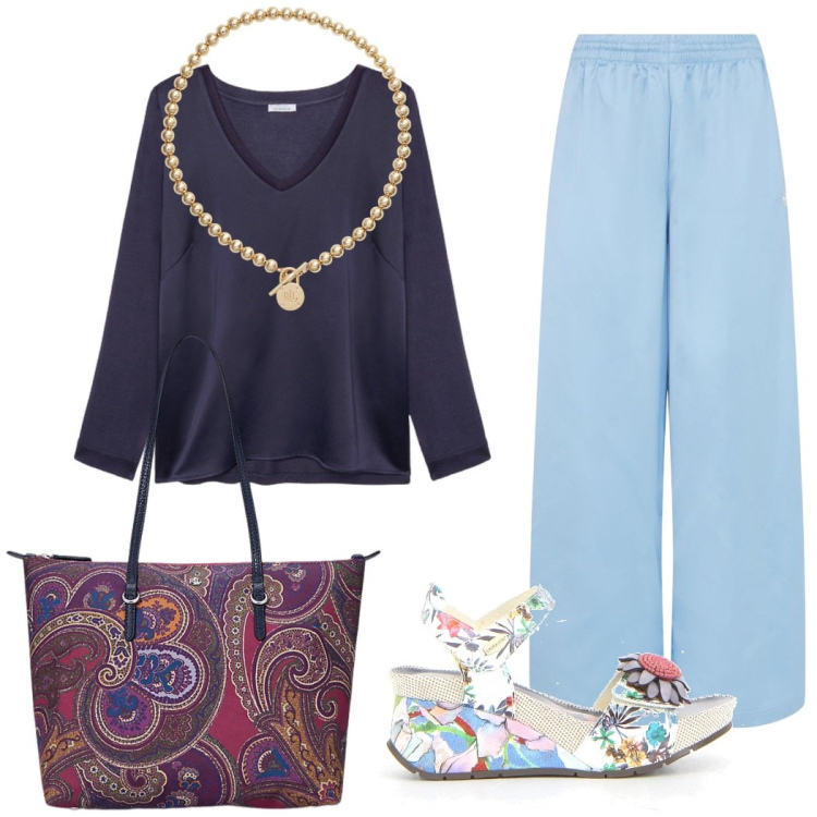 Outfit donna - Total look #2214021. Stile Casual chic per Tutti i giorni. Abbinamento con collane, borse tote, bluse, sandali, pantaloni.