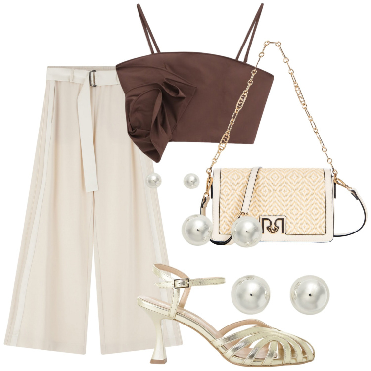Outfit donna - Elegante con poco. Stile Chic per Serata fuori. Abbinamento con borse a tracolla, pantaloni, top, sandali col tacco, orecchini.
