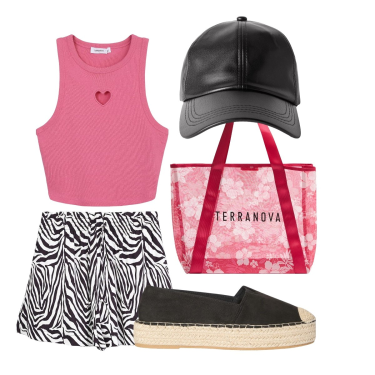Outfit donna - Gli shorts zebrati. Stile Sporty chic per Tutti i giorni. Abbinamento con shopping bag, shorts, cappelli con visiera, espadrillas, canottiere.