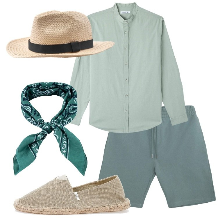 Outfit uomo - Camicia in lino oversize. Stile Trendy per Tutti i giorni. Abbinamento con camicie, pantaloni corti, sciarpe e foulard, espadrillas, cappelli.