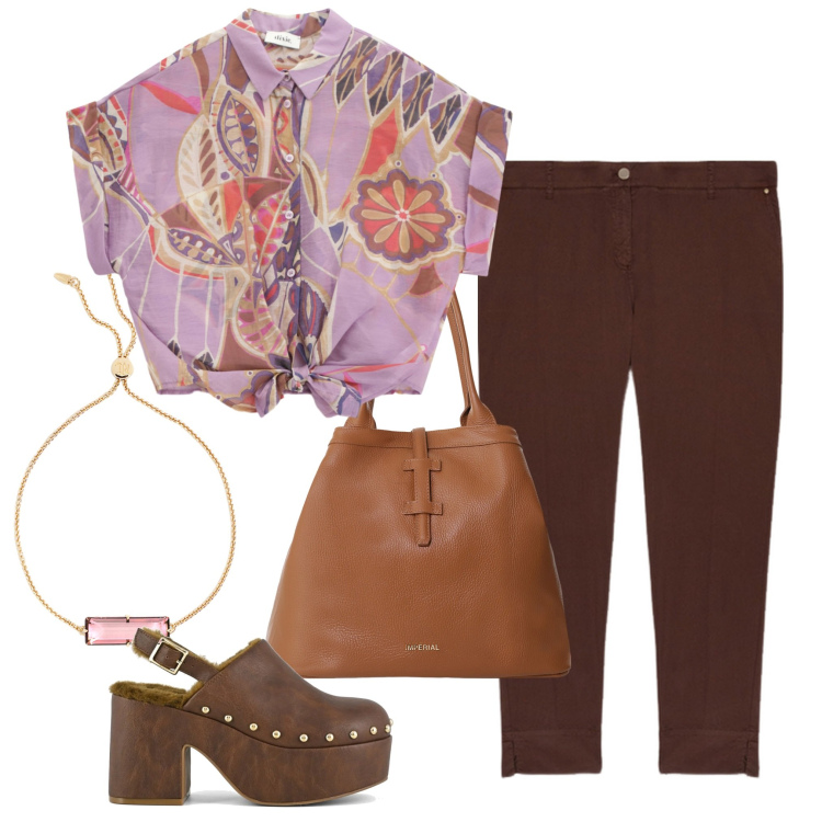 Outfit donna - Un nodo. Stile 70s per Tutti i giorni. Abbinamento con borse tote, camicie a manica corta, braccialetti, sabot, pantaloni chino.