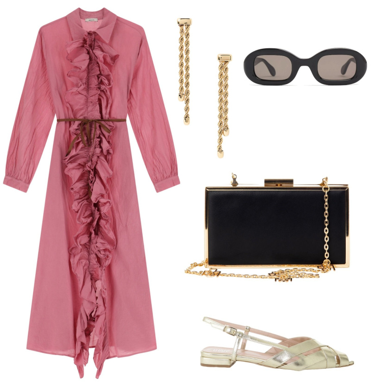 Outfit donna - Eterea. Stile Casual chic per Serata fuori. Abbinamento con pochette, sandali, vestiti lunghi, orecchini, occhiali da sole.
