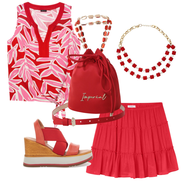 Outfit donna - Una mattina al mare. Stile Trendy per Mare. Abbinamento con minigonne, borse a secchiello, collane, sandali, top.