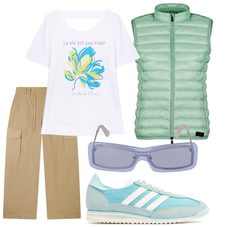 Outfit donna - Vacanze in montagna. Stile Casual per Tutti i giorni. Abbinamento con pantaloni cargo, piumini, t-shirt, sneakers, occhiali da sole.