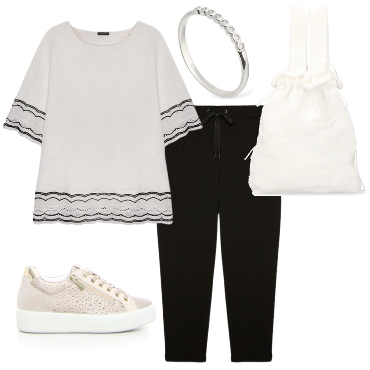 Outfit donna - Per tutti i giorni. Stile Casual per Tutti i giorni. Abbinamento con pantaloni, bluse, borse a mano, sneakers, anelli.