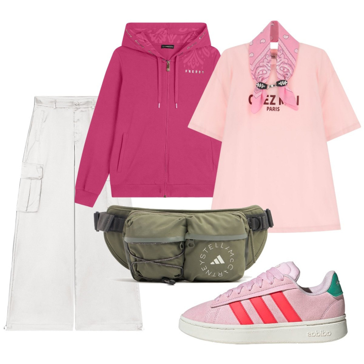 Outfit donna - In montagna coi cargo bianchi. Stile Casual per Tutti i giorni. Abbinamento con t-shirt, felpe con cappuccio, pantaloni cargo, sneakers, marsupi.