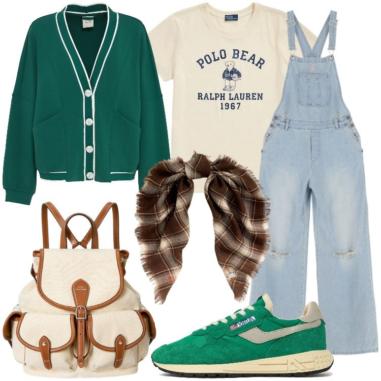 Outfit donna - In vacanza in montagna - @ambrosiajsi. Stile Casual per Tutti i giorni. Abbinamento con salopette, zaini, foulard, t-shirt, sneakers, cardigans.